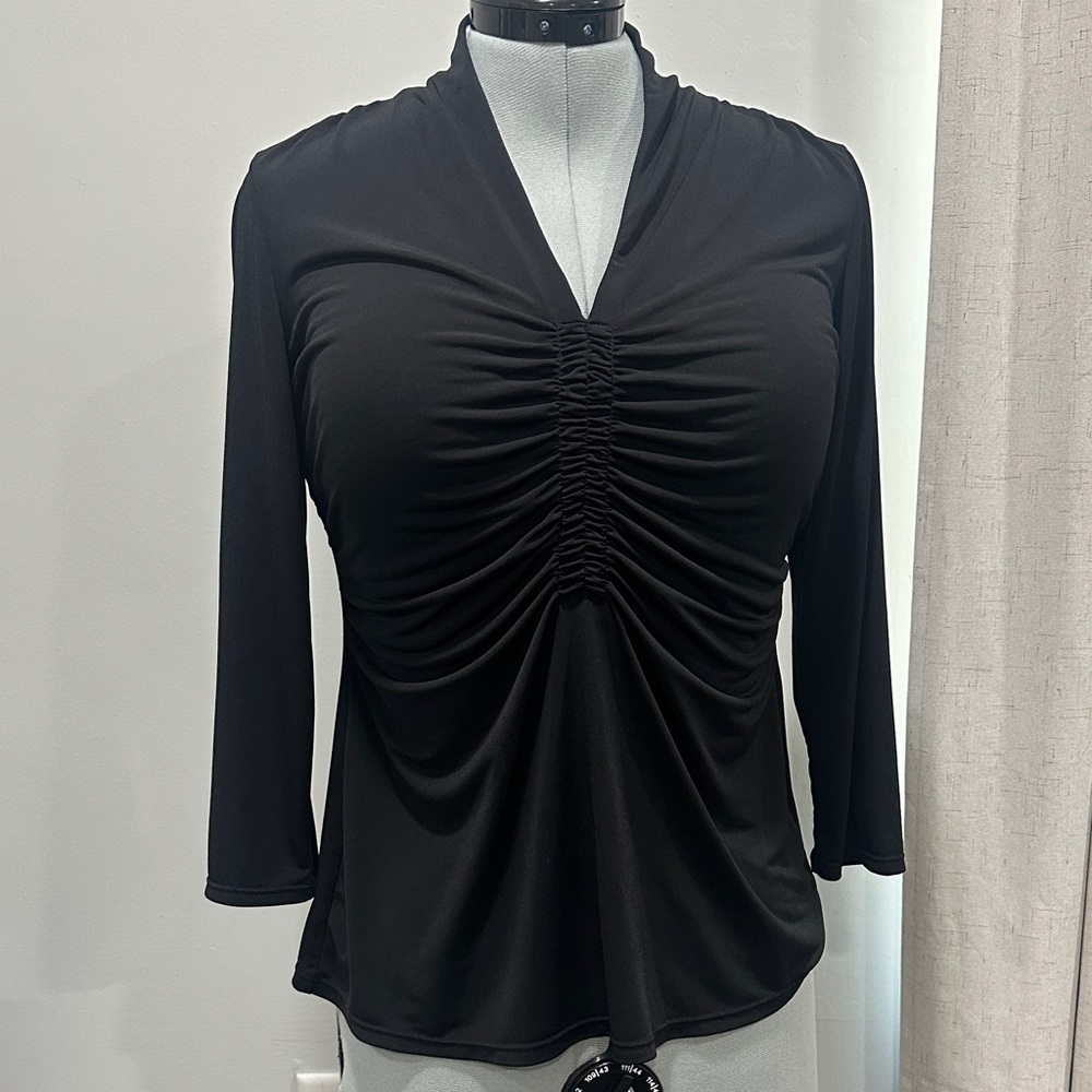 Alfani Black Ruched V-Neck Long Sleeve Top size M made